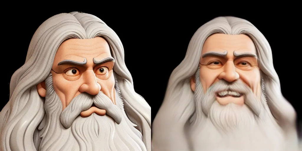 The cartoon source beside its 3D reconstruction showing an open-mouth talking expression