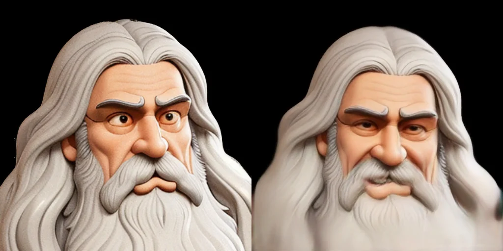 The cartoon source beside a second expressive 3D reconstruction frame